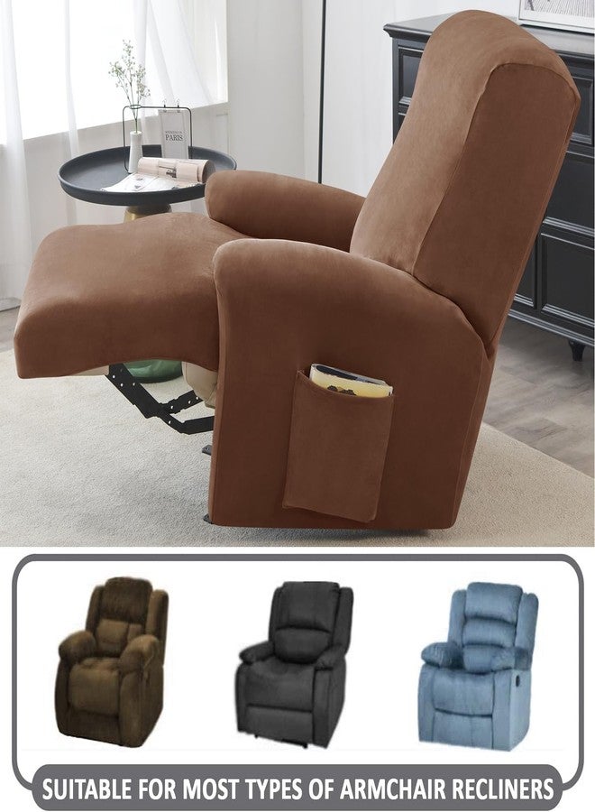 Deisy Dee 4-Piece, 1 Seat Recliner Cover, Soft Velvet Recliner Chair Covers- Stay-in-Place Slipcovers for Recliner Chair (Coffee) - Image 4